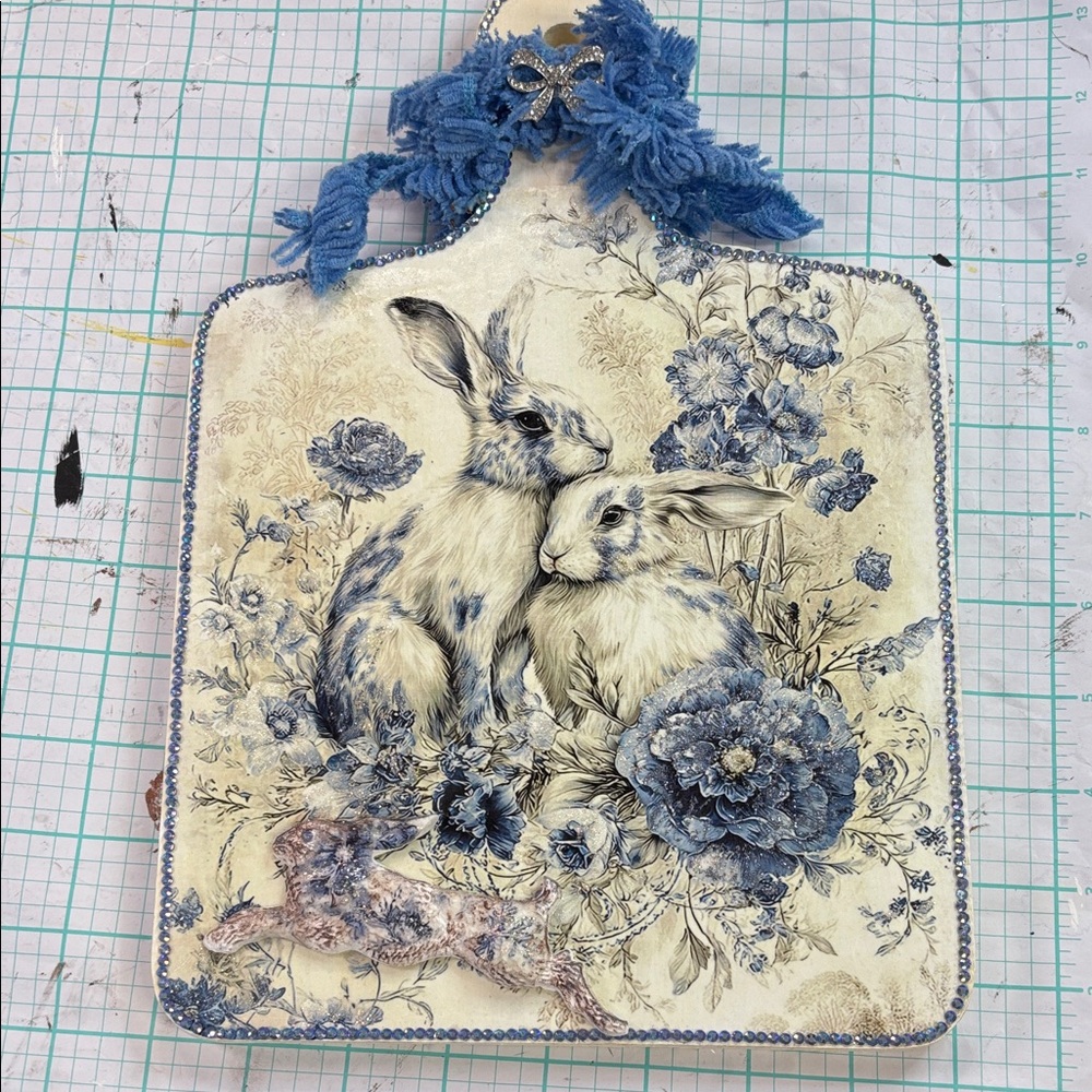 Decorative Bunny Cutting Board Artwork in Blue and Cream